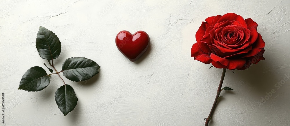 Poster romantic red rose and heart on white background with ample copy space for text minimalist flat lay p