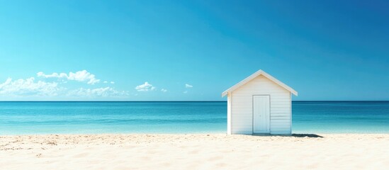 Serene white rescue hut on pristine sandy beach under clear blue sky inviting relaxation by the tranquil ocean on a sunny day