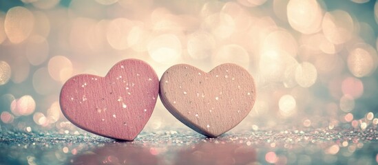 Obraz premium Handcrafted pink wooden hearts on a soft bokeh background representing love and affection in a vintage aesthetic setting.