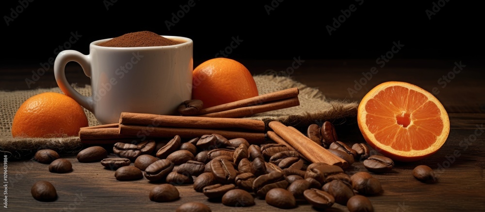 Poster coffee with cinnamon, almonds, and fresh oranges on a rustic table creating a warm and inviting atmo