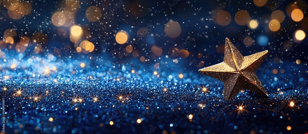 Poster sparkling golden star on a blue backdrop with snowflakes and bokeh lights creating a festive winter 