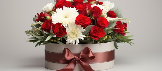 Floral arrangement in a stylish hat box featuring red roses and white chrysanthemums with elegant ribbon accents on a light background