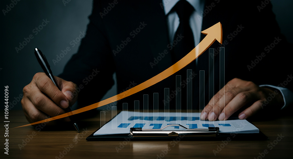 Poster increasing product or service quality and optimizing costs to boost productivity. a businessman with