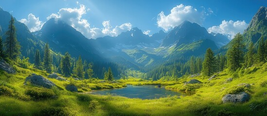 Serene panorama of a lush green landscape with a tranquil pond and majestic mountains under a clear blue sky