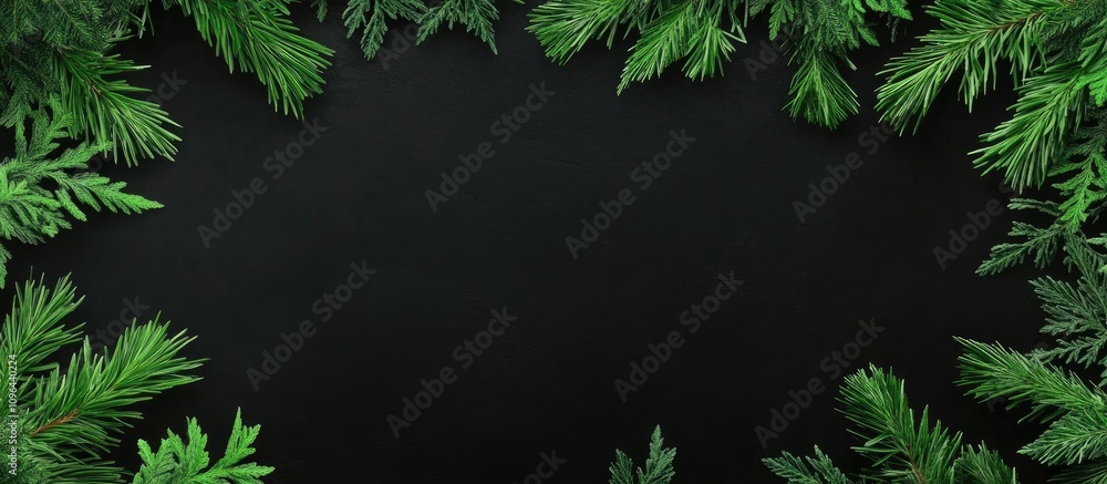 Poster vertical black backdrop adorned with green pine branches creating a natural frame for text inscripti