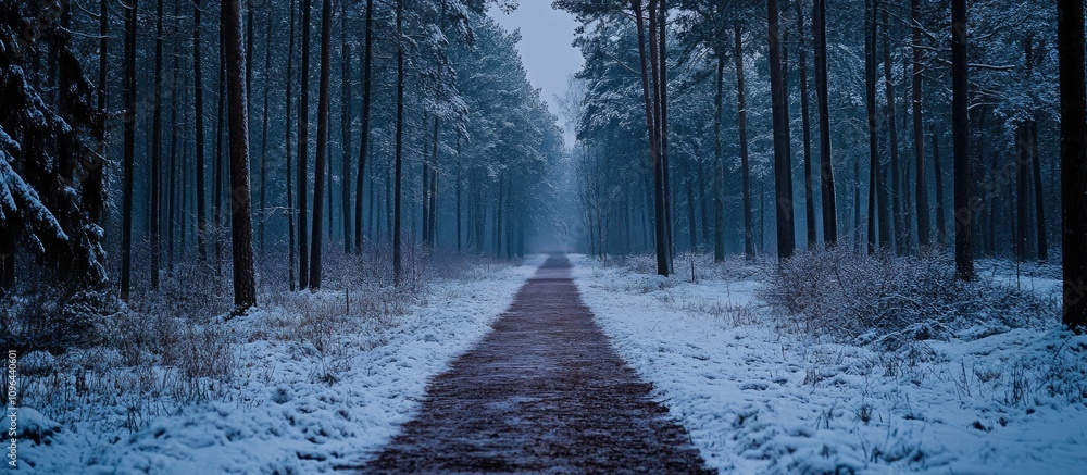 Poster winter pathway at dusk surrounded by snow-covered trees creating a serene and tranquil atmosphere in