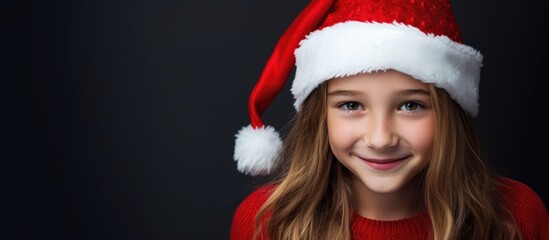Cheerful young girl in a festive red Santa hat smiling warmly against a dark background celebrating the holiday spirit