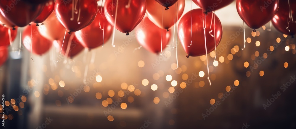 Aufkleber celebration atmosphere with red balloons and warm bokeh lights creating a festive and joyful mood fo