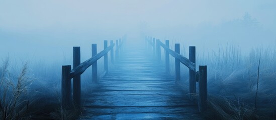 Serene wooden path leading into thick fog with a mysterious atmosphere and soft blue hues in a tranquil natural setting