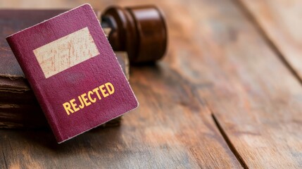 Travel Restrictions and Visa Requirements , A rejected passport rests on a wooden surface beside a gavel, symbolizing legal or bureaucratic challenges.
