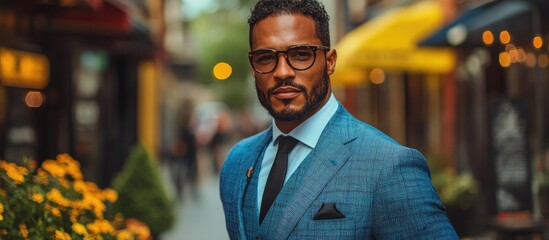 Obraz premium Stylish groom in a tailored blue suit and black tie exuding confidence in a vibrant outdoor setting