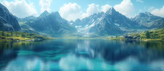 Fototapeta premium Majestic mountain range with still blue lake reflecting the sky and peaks, showcasing dark gray and brown hues amidst vibrant greenery.