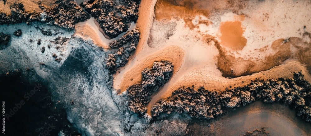 Poster aerial view of unique coastal landscape with vibrant textures and colors captured from above using a
