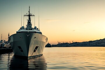 Naklejka premium A sleek yacht docked at sunset, reflecting on calm waters with a port in the background.