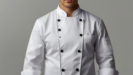 Blank white chef jacket with buttons, arranged for a clean mockup, with simple and professional appeal.