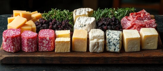 Assorted artisan cheeses and cured meats displayed on a rustic wooden board with fresh herbs showcasing gourmet dairy products and healthy eating.