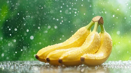  a bunch of yellow bananas sitting on top of a wooden table, with water droplets glistening on their surfaces The background is slightly blurred, giving the image a