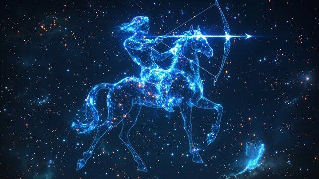 Sagittarius constellation depicted as vibrant centaur archer dynamic star filled night sky energetic nebulae