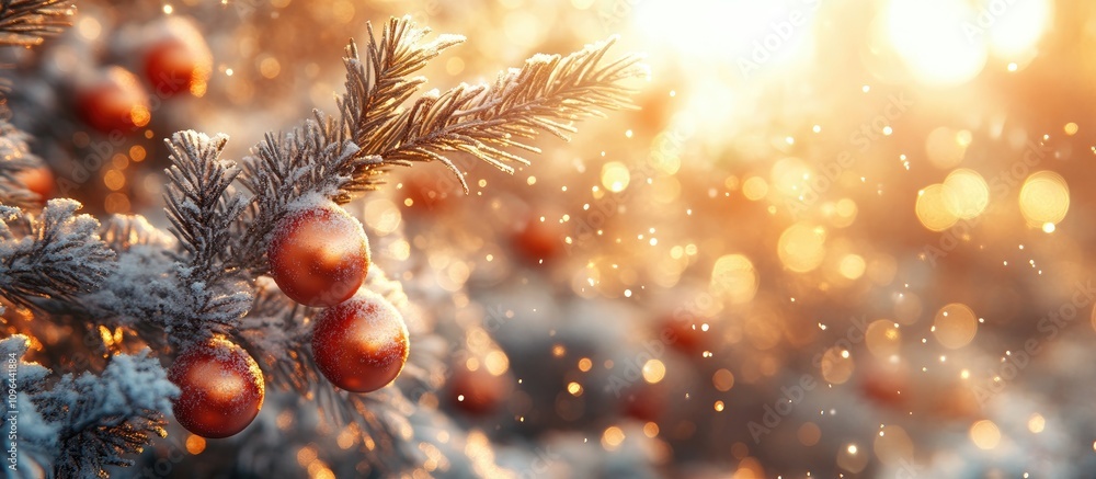 Poster bokeh lights and snowy tree branches with ornaments creating a warm festive atmosphere in soft sunli