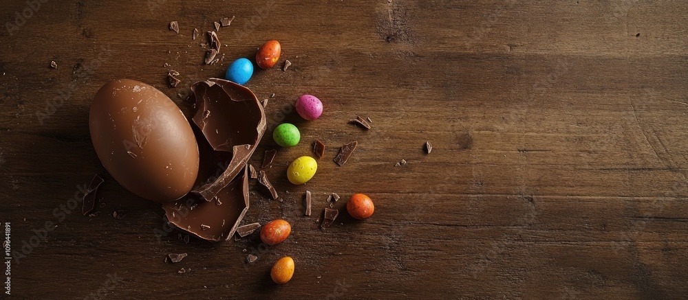 Poster broken chocolate easter egg surrounded by colorful candies on a rustic wooden surface with space for