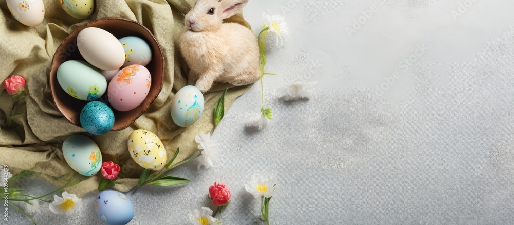 Poster joyful easter scene featuring colorful eggs and a napkin rabbit on a soft backdrop with flowers crea