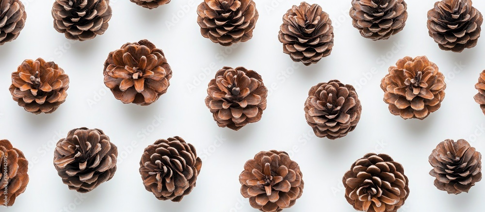 Poster pine cones arranged in a symmetrical pattern on a bright white background