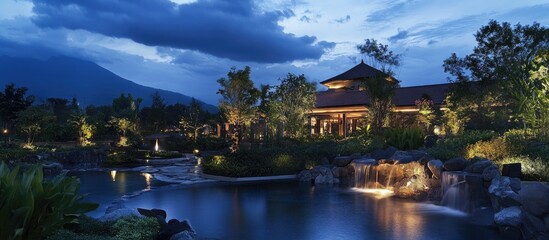 Fototapeta premium Tranquil mountain resort at night showcasing serene waters and lush greenery in a captivating oasis ambiance.