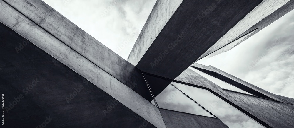 Poster abstract architectural design with geometric shapes in black concrete under a cloudy sky showcasing 