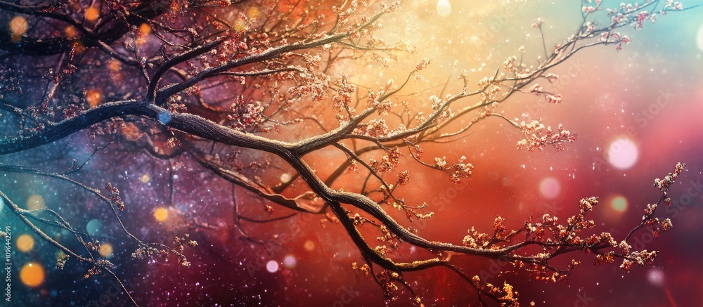 Aufkleber festively decorated tree branches with colorful bokeh lights and a dreamy background creating a magi