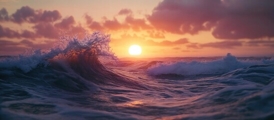 Fototapeta premium Tranquil sunset waves reflecting golden hues with dramatic clouds over a serene ocean landscape.