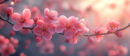 Delicate pink plum blossoms illuminated by sunlight in a serene natural setting showcasing springtime beauty and floral elegance