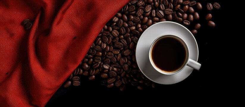 Nescafe coffee mug on a glass cup with coffee beans and fabric viewed from above on a black table space for text
