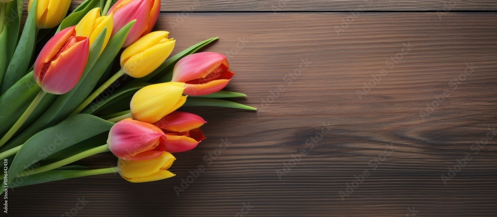 Poster march 8 greeting card design with colorful tulips on a rustic wooden background space for personaliz