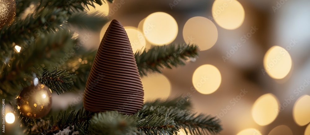 Poster bronze ribbed cone-shaped toy on a christmas tree with garland and bokeh background creating a cozy 