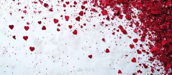 Fototapeta premium Heart shaped red confetti scattered on a white background ideal for Valentine's Day celebrations or romantic events with space for text