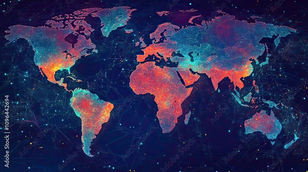 Poster a world map with interconnected lines and glowing points