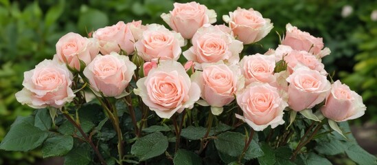 Fototapeta premium Elegant pink roses beautifully arranged with lush green foliage in a vibrant garden setting showcasing natural beauty and floral charm