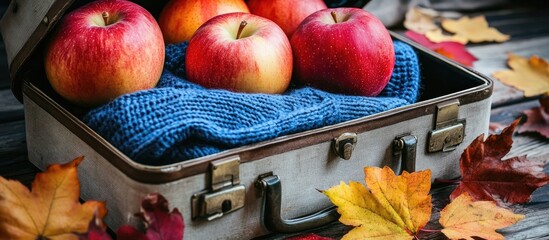 Ripe apples and knitted sweater in an old suitcase surrounded by colorful autumn leaves on a rustic wooden surface