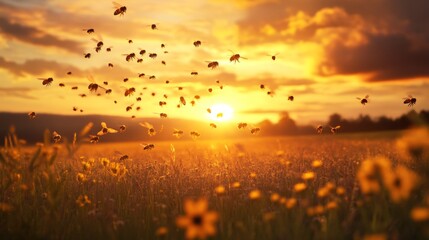 Obraz premium Golden Sunset Swarm: Bees in Flight - Bees fly at sunset, symbolizing nature, freedom, community, harmony, and the golden hour.