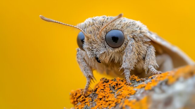  a close up of a moth perched atop a rock, with a blurred background The moth has a light brown body with darker brown stripes and a yellowish-orange hue Its anten