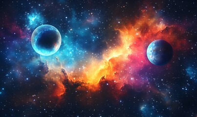 Nebula and Starfield Overlapping Planets, A dreamy abstract background where colorful nebulae overlap with distant planets