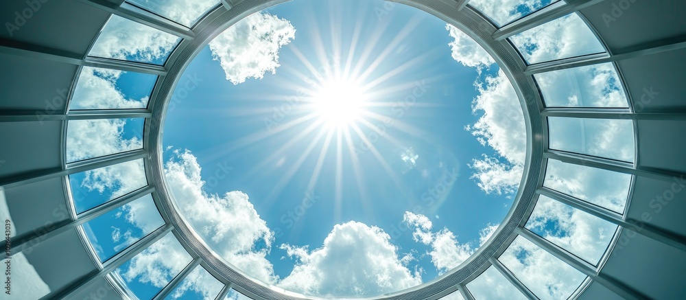 Poster vibrant circular sunlight filtering through modern architecture creating a serene and uplifting atmo