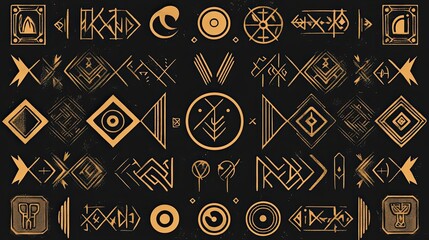 Geometric Abstract Pattern with Golden Symbols on Black Background
