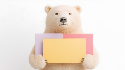 Obraz premium Cute Bear Holding Colorful Cards in a Minimalist Setting