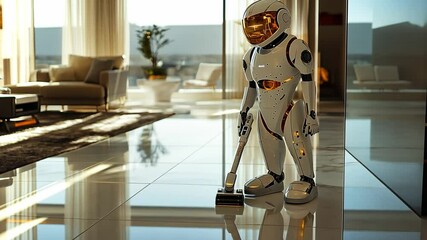 A robotic vacuum cleaner glides across sleek, polished floors in a contemporary living room filled with sunlight.