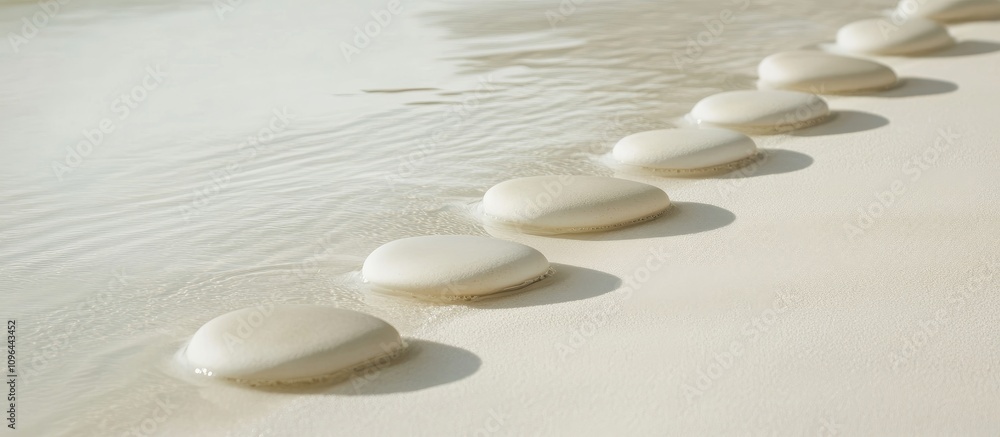 Aufkleber calm water with round white pebbles arranged in a line on a serene sandy beach creating a tranquil n