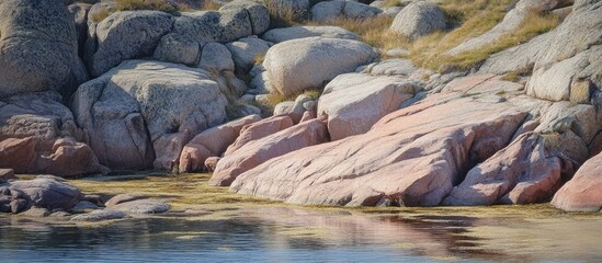 Fototapeta premium Pink granite shoreline with calm water reflecting natural beauty and unique rock formations in a serene coastal landscape.