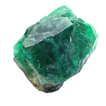 Top view of a hyperrealistic single uncut emerald in an irregular shape isolated on a white transparent background