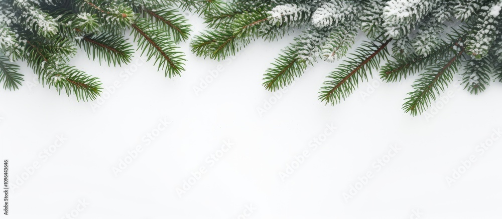 Poster snow-covered fir tree branches on a white background creating a serene winter atmosphere with ample 