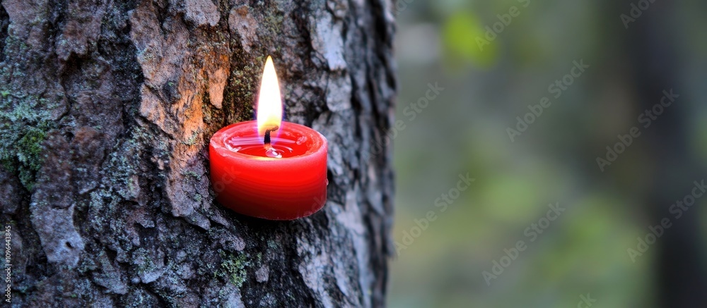 Poster red candle illuminating tree bark in natural setting with selective focus creating a serene and calm